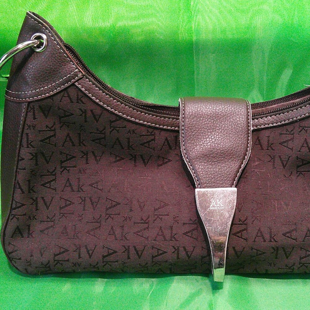 Anne Klein Black Handbag Purse Silver Accents AK Intials All Over Design